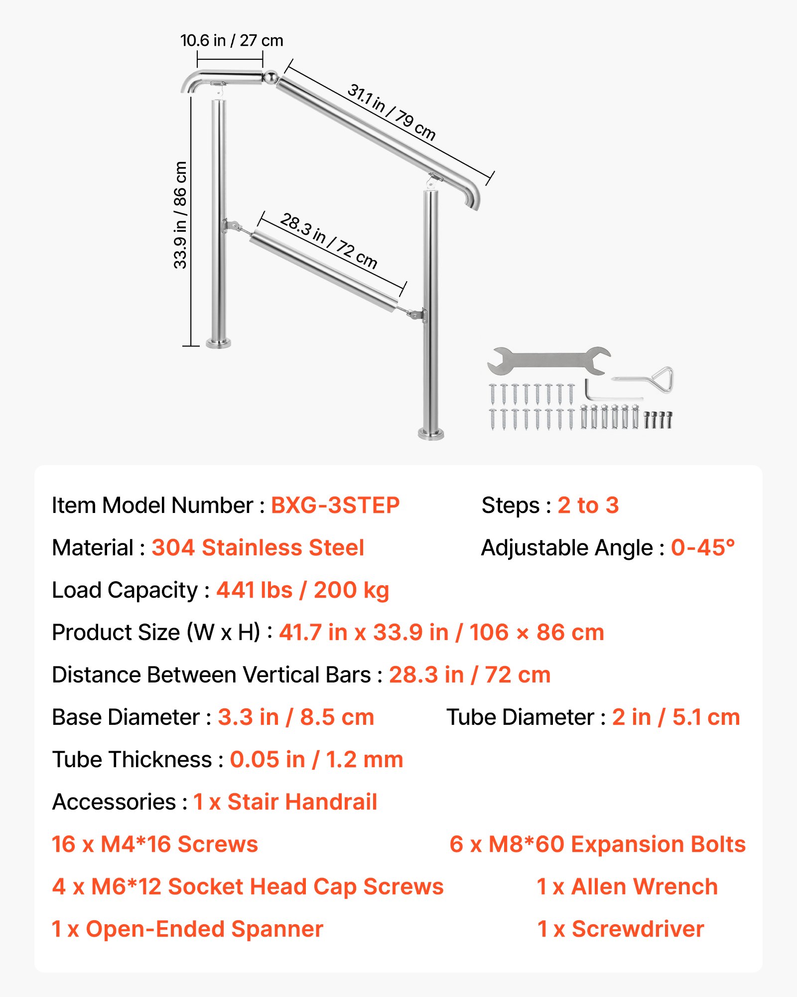 VEVOR 3 Step Railing Stainless Steel Transitional Handrail fit for ...
