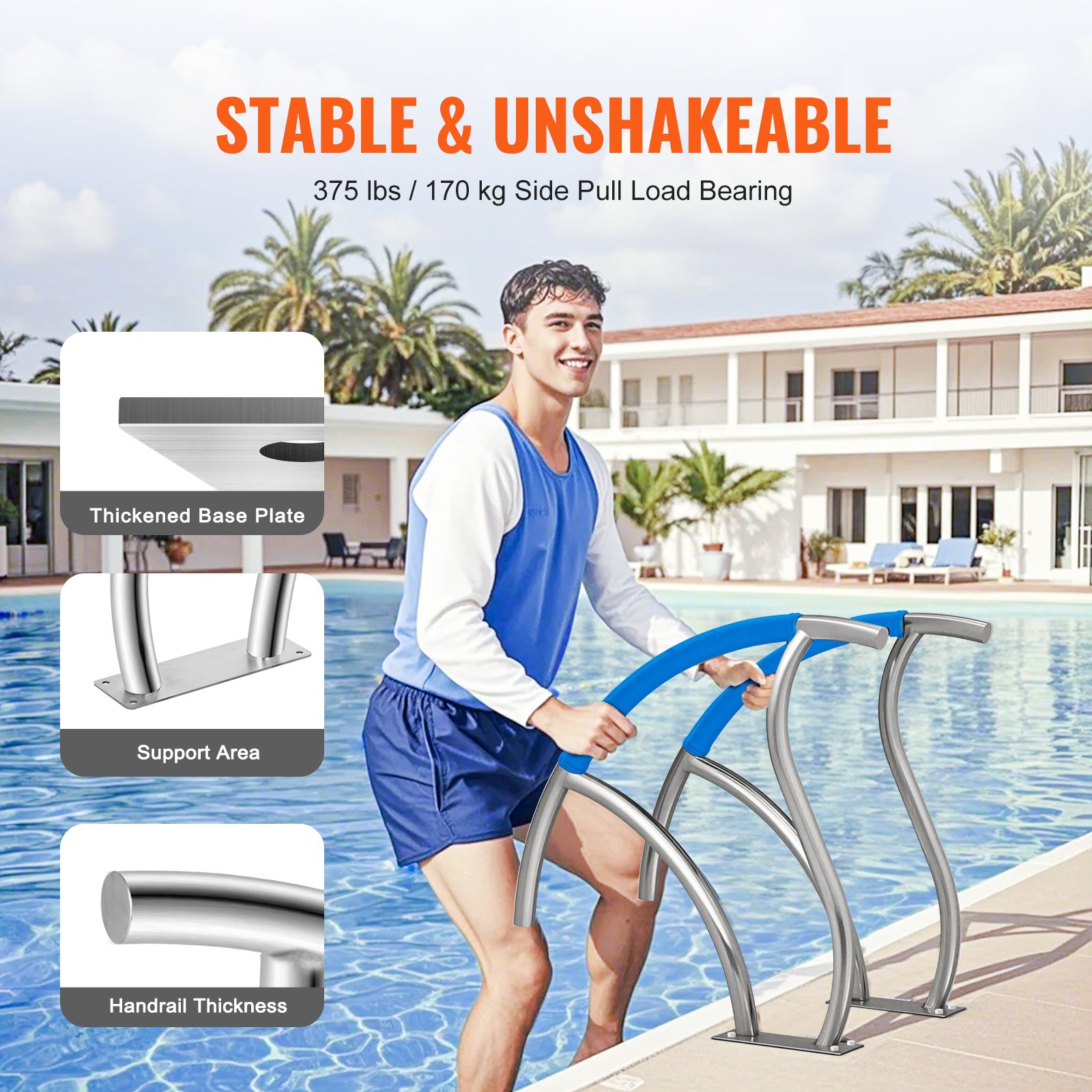 Pool Handrail 2 PCS 30x30in Stainless Steel with Base Plate for Spas ...