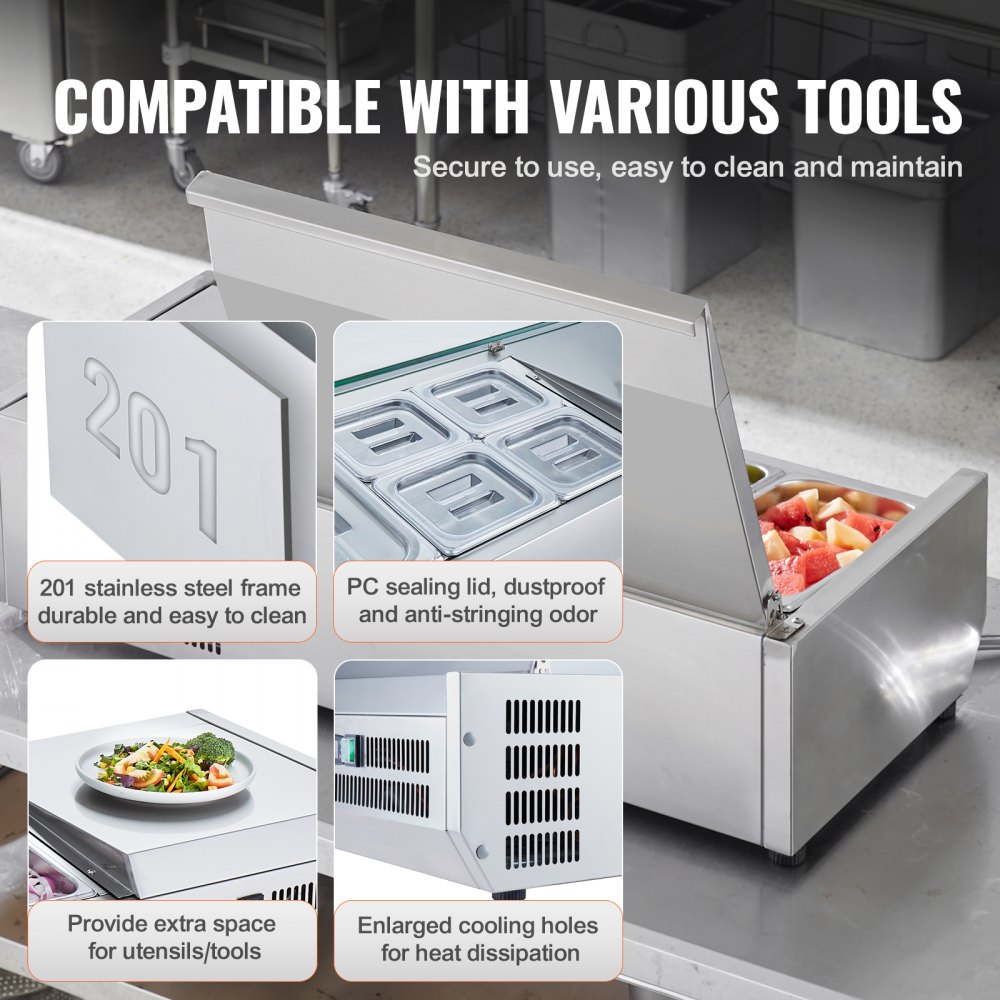 VEVOR Refrigerated Condiment Prep Station, 130 W Countertop ...