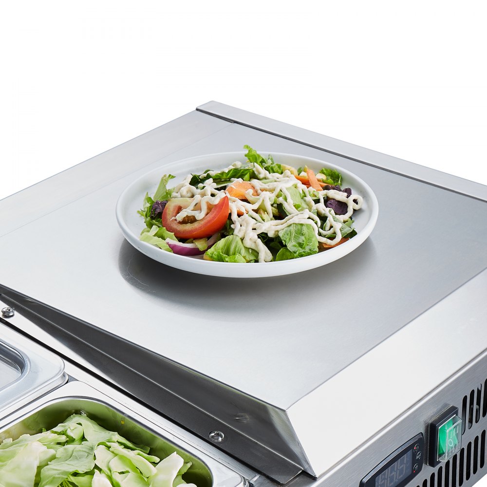Chlazená stanice na koření VEVOR, stolní chlazená stanice na koření s výkonem 155 W, s pánvemi 4 1/3 a pánvemi 4 1/6, tělo z nerezové oceli 304 a víko z PC, stůl na přípravu sendvičů s nerezovým krytem, ​​CE - miniatura 12