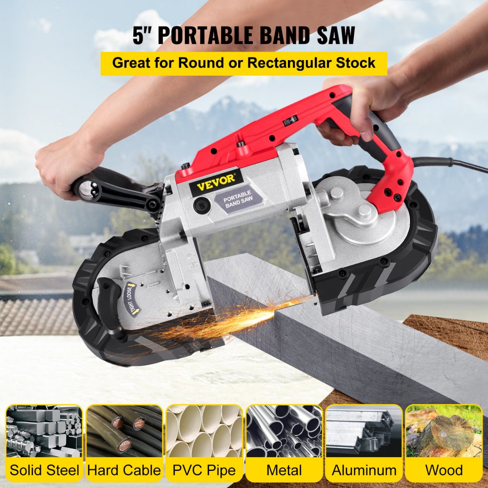 thumbnail interactive-video image 1 of 110V Portable Band Saw – Variable Speed Deep Cut, 10-Amp Motor W/ Alloy Base, 5" Capacity 1 of 4