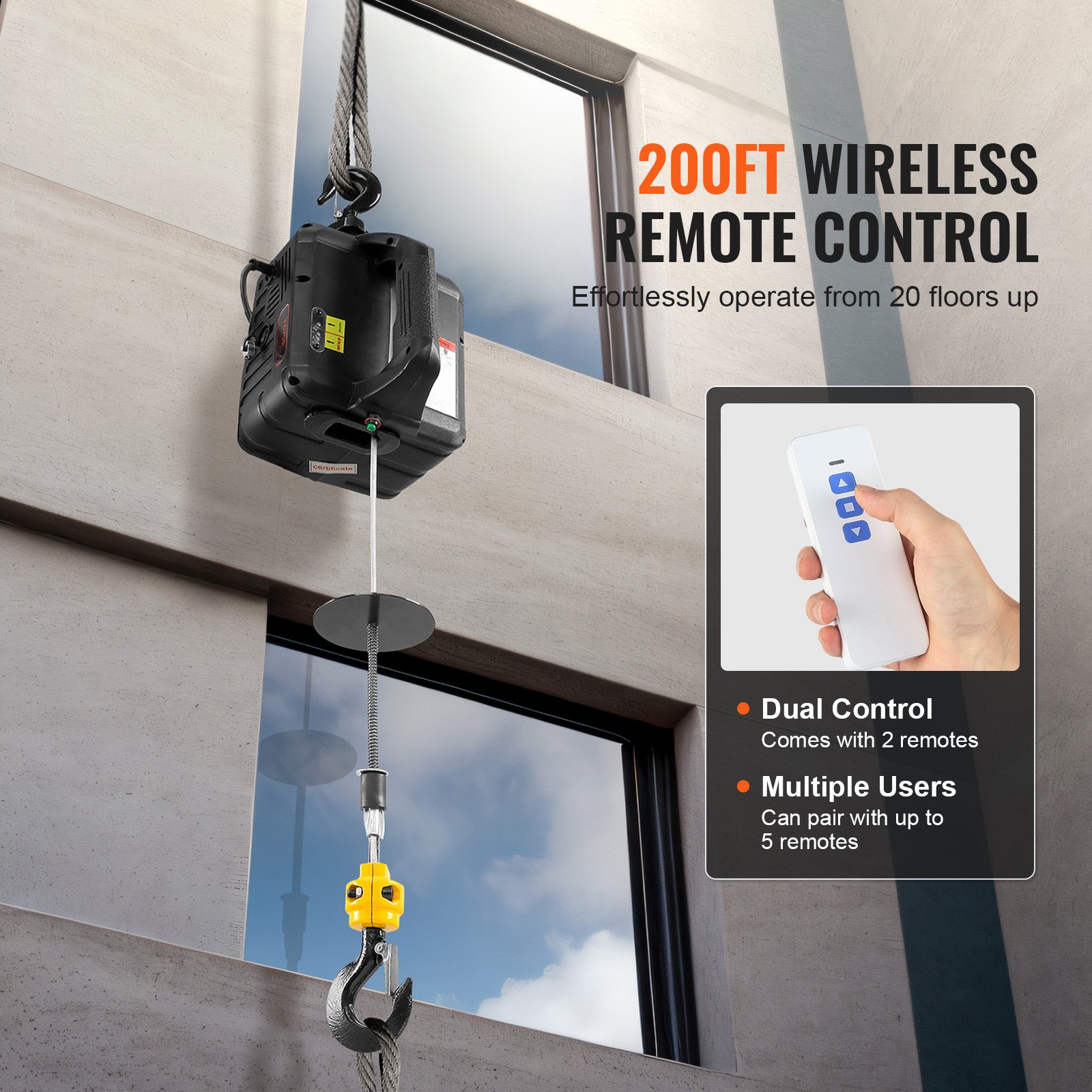 VEVOR Electric Hoist, 1760 Lbs 120V Electric Winch With 328 Ft Wireless Remote Control, 40 Ft Single Cable Lifting Height, Single/Double Slings, Emergency Stop, Lift Hoist For Garage Warehouse Factory