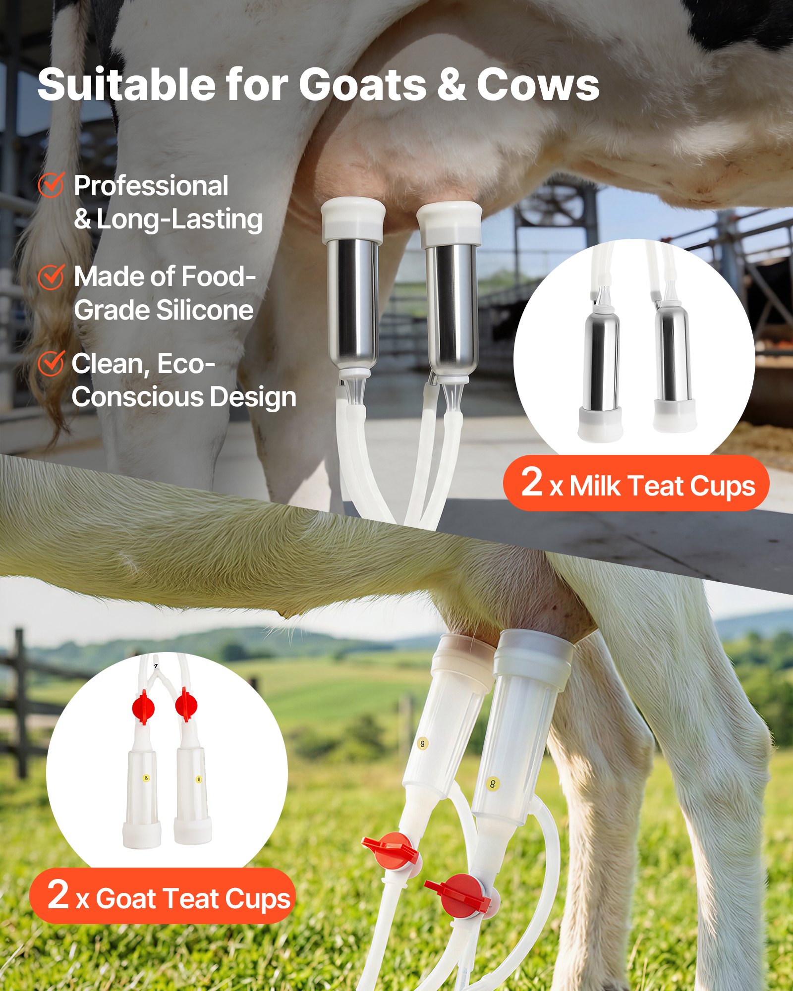 VEVOR Goat Milking Machine – 1.8 Gal Stainless Steel Bucket – 4 Teat Cups – 8000mAh Battery – Portable For Cows & Goats