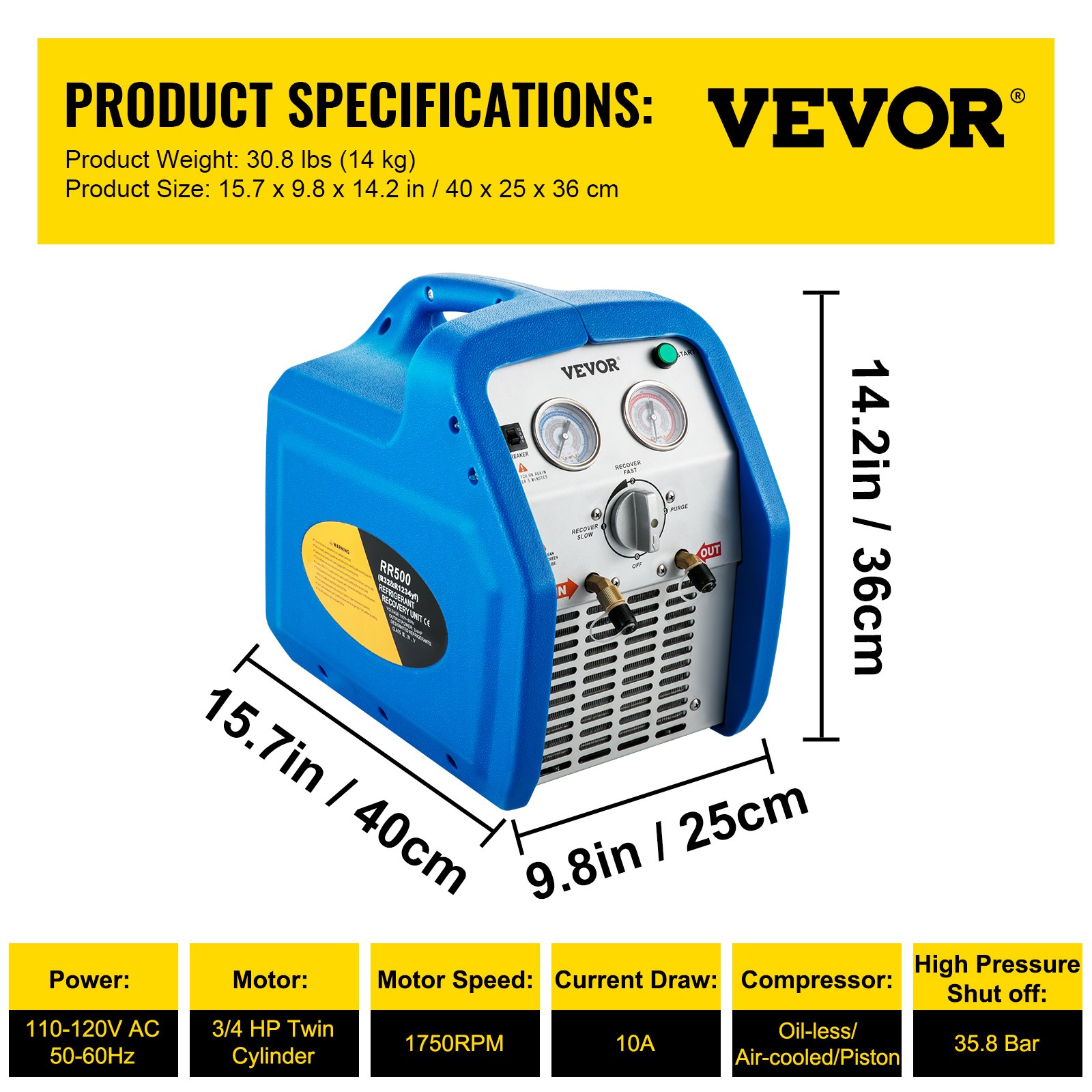 VEVOR Refrigerant Recovery Machine, 110V-120V AC 60Hz 3/4HP, Dual ...