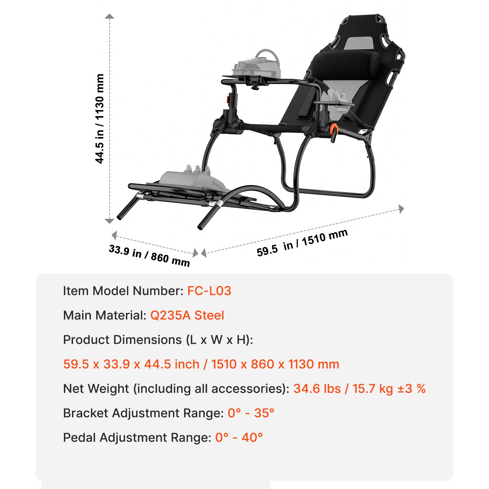 VEVOR Logitech Simulator Cockpit – 59.5x33.9x44.5 in ,0-40°
