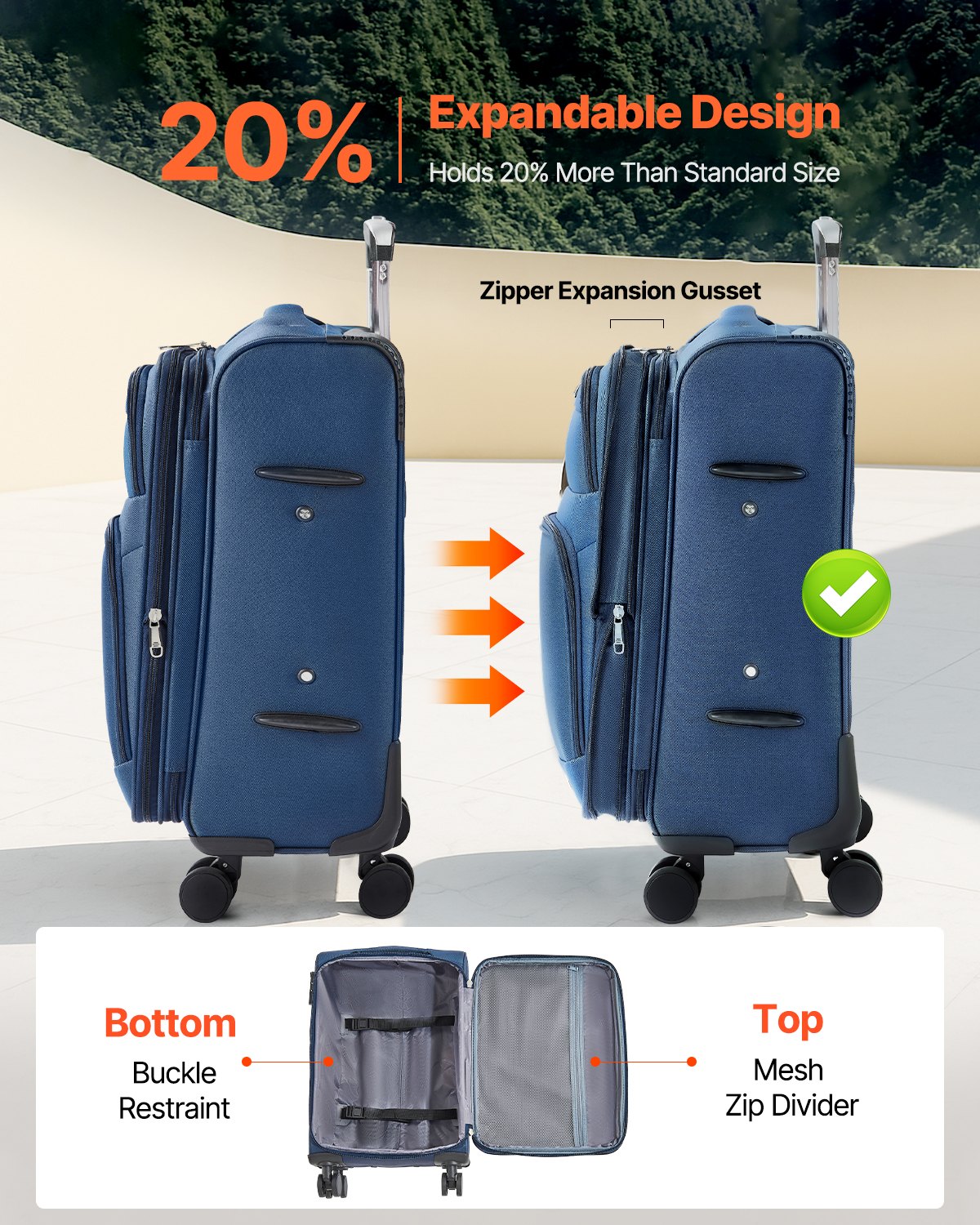 VEVOR 20 Inch Carry On Luggage Softside – 7.03 lbs Capacity