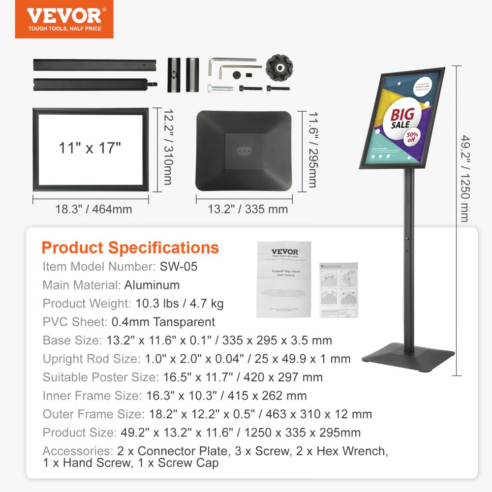 VEVOR Pedestal Sign Holder, 11 x 17 Inch Vertical and Horizontal