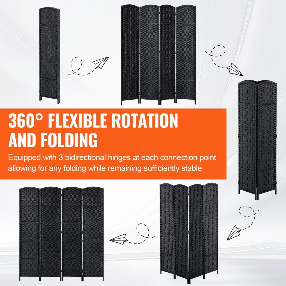 Dělicí zástěna VEVOR se 4 panely, ručně tkané skládací zástěny na ochranu soukromí s panty, přenosné a volně stojící dělicí stěny a nástěnná dělicí stěna pro oddělení místností, černá - miniatura 3