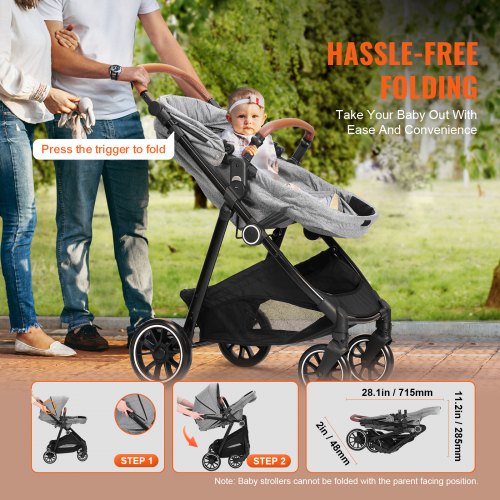 VEVOR Standard Baby Stroller Infant Toddler Stroller with Bassinet 3rd Gear Adjustable Backrest Foldable Reversible Seat Carbon Steel Newborn Stroller with Leg Cover and Mesh Net Dark Grey VEVOR US