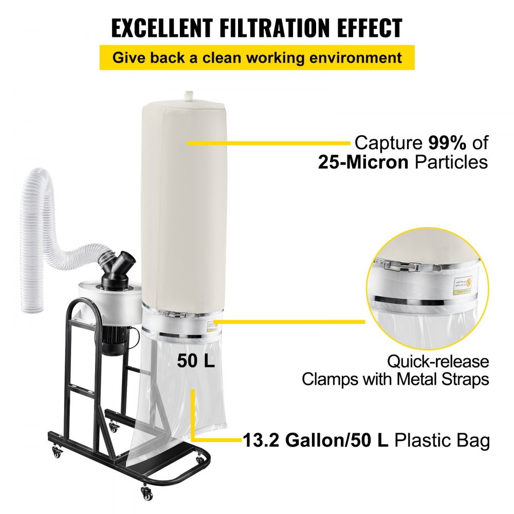 VEVOR 1.5 HP Dust Collector, 647 CFM Portable Vortex Dust Collector ...