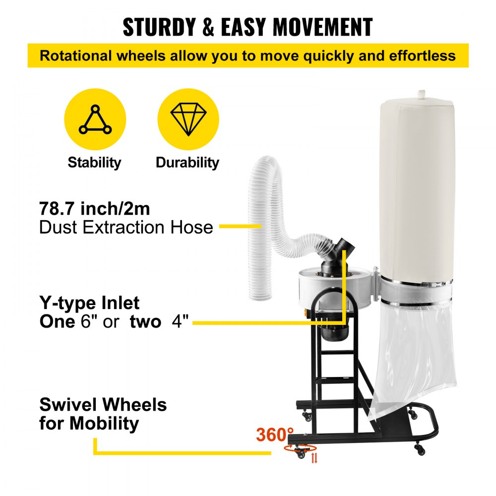 VEVOR 1.5 HP Dust Collector, 647 CFM Portable Vortex Dust Collector ...