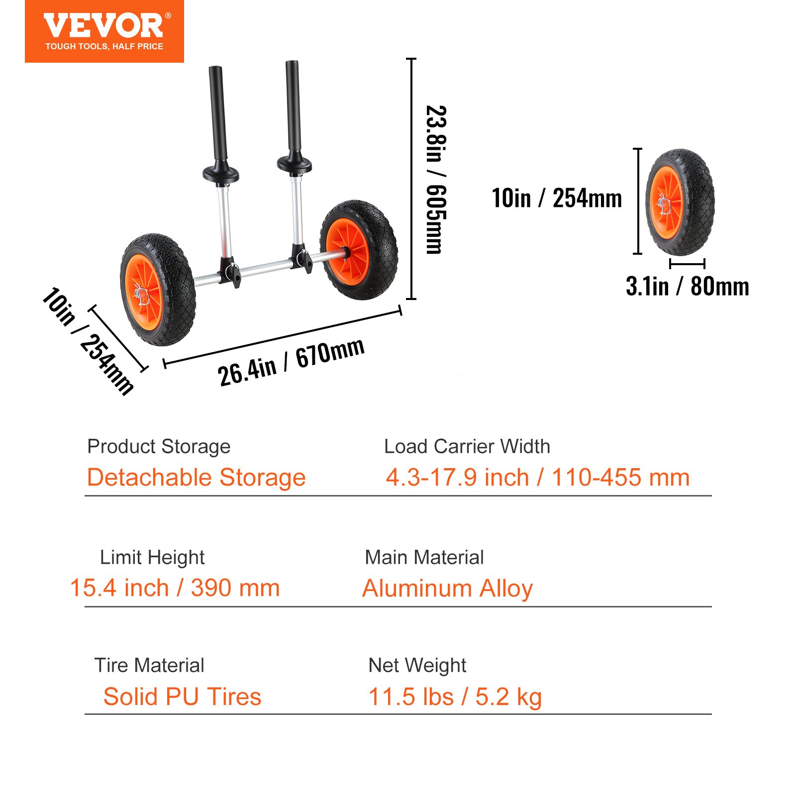 VEVOR Heavy Duty Kayak Cart, 280lbs Load Capacity, Detachable Canoe ...