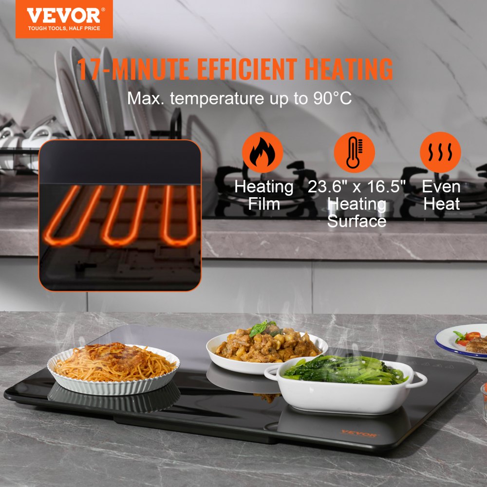 VEVOR Electric Warming Tray, 16.5" x 23.6" Portable Tempered Glass