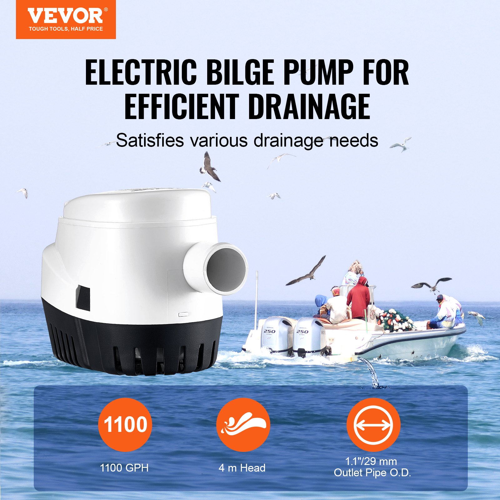 VEVOR Bilge Pump, 1100GPH 12V Automatic Submersible Boat Bilge Water ...