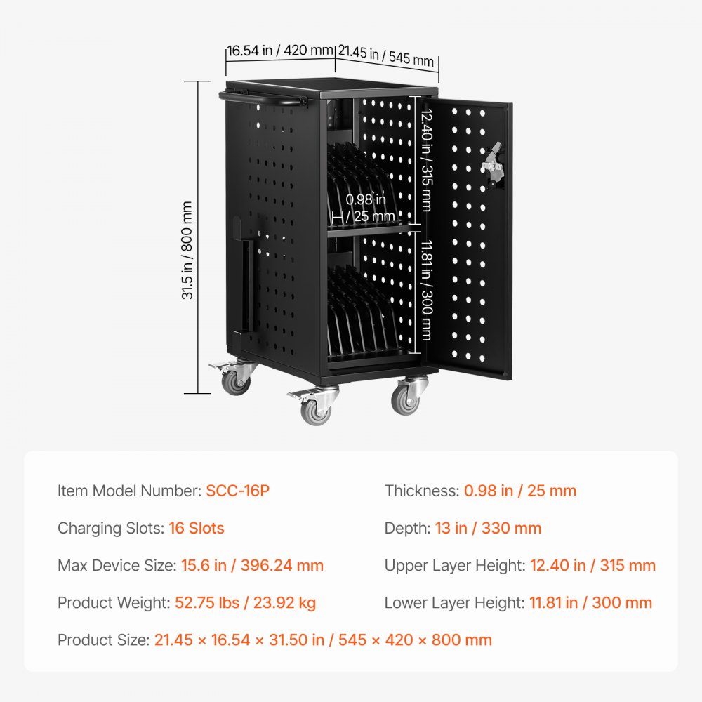VEVOR Laptop Charging Cart – 16 Slots, 15.6-Inch Max Size