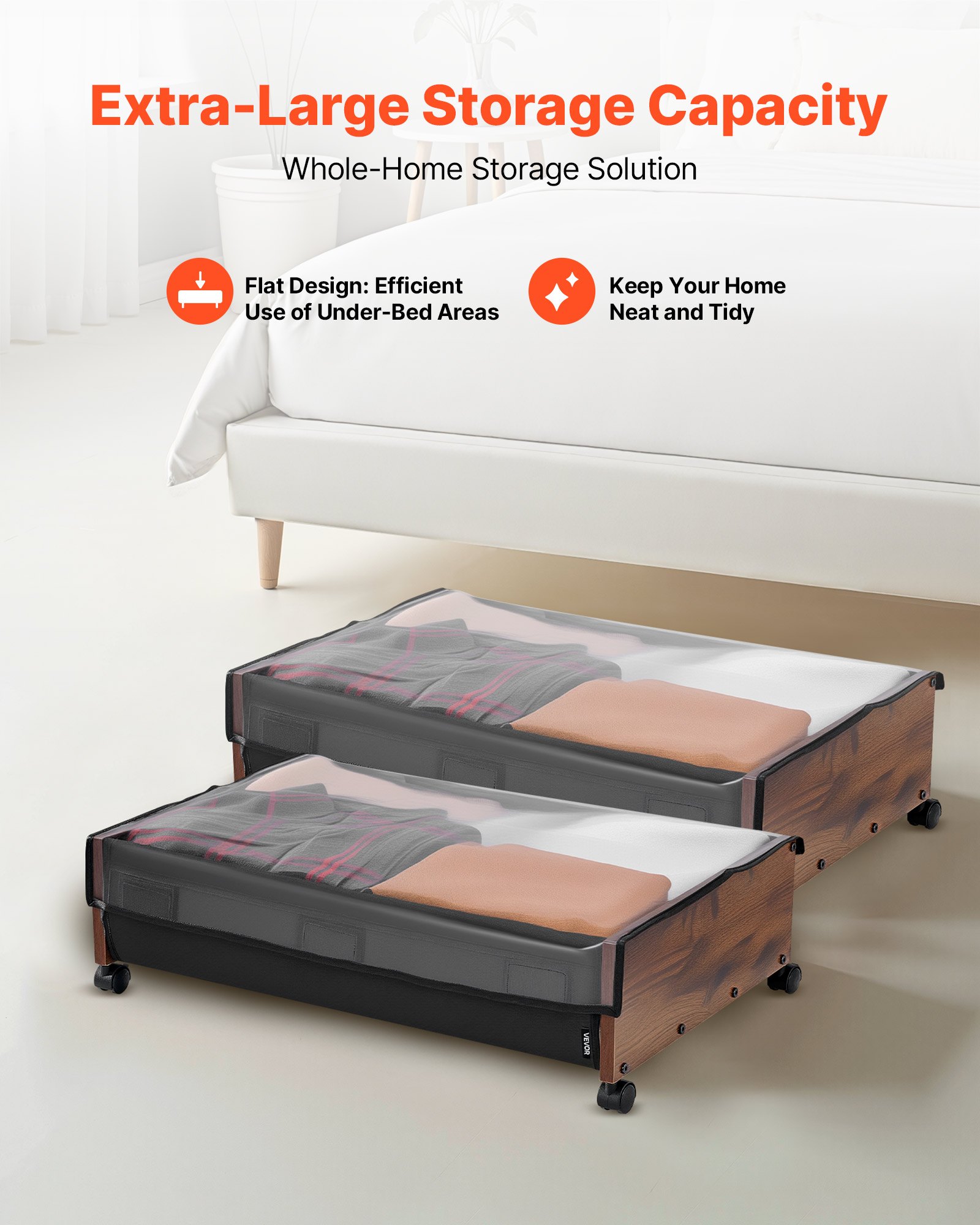 VEVOR Under Bed Storage with Wheels, 650 x 460 x 180 mm Underbed ...