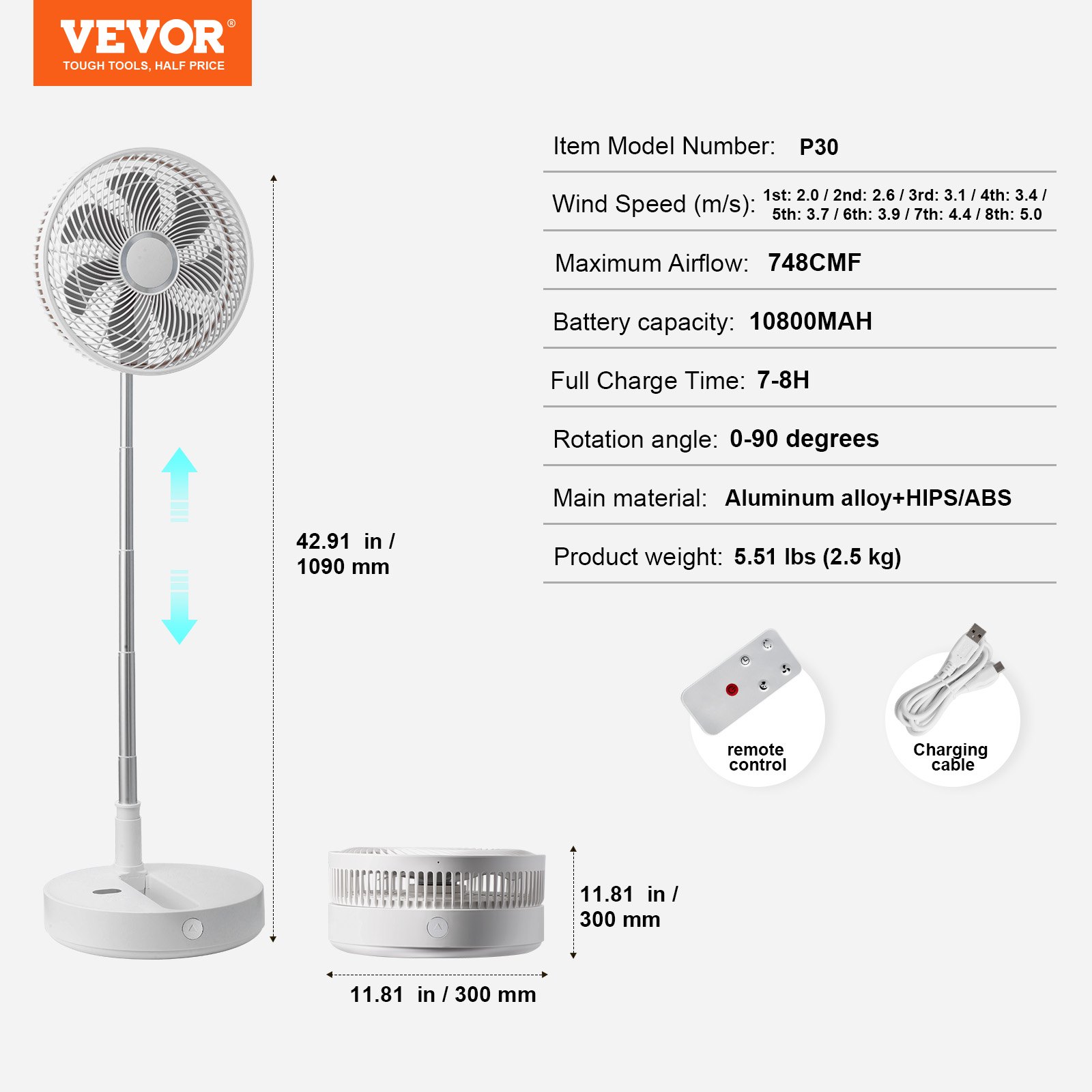 VEVOR 12 Inch Foldable Oscillating Standing Fan with Remote Control, 4 ...