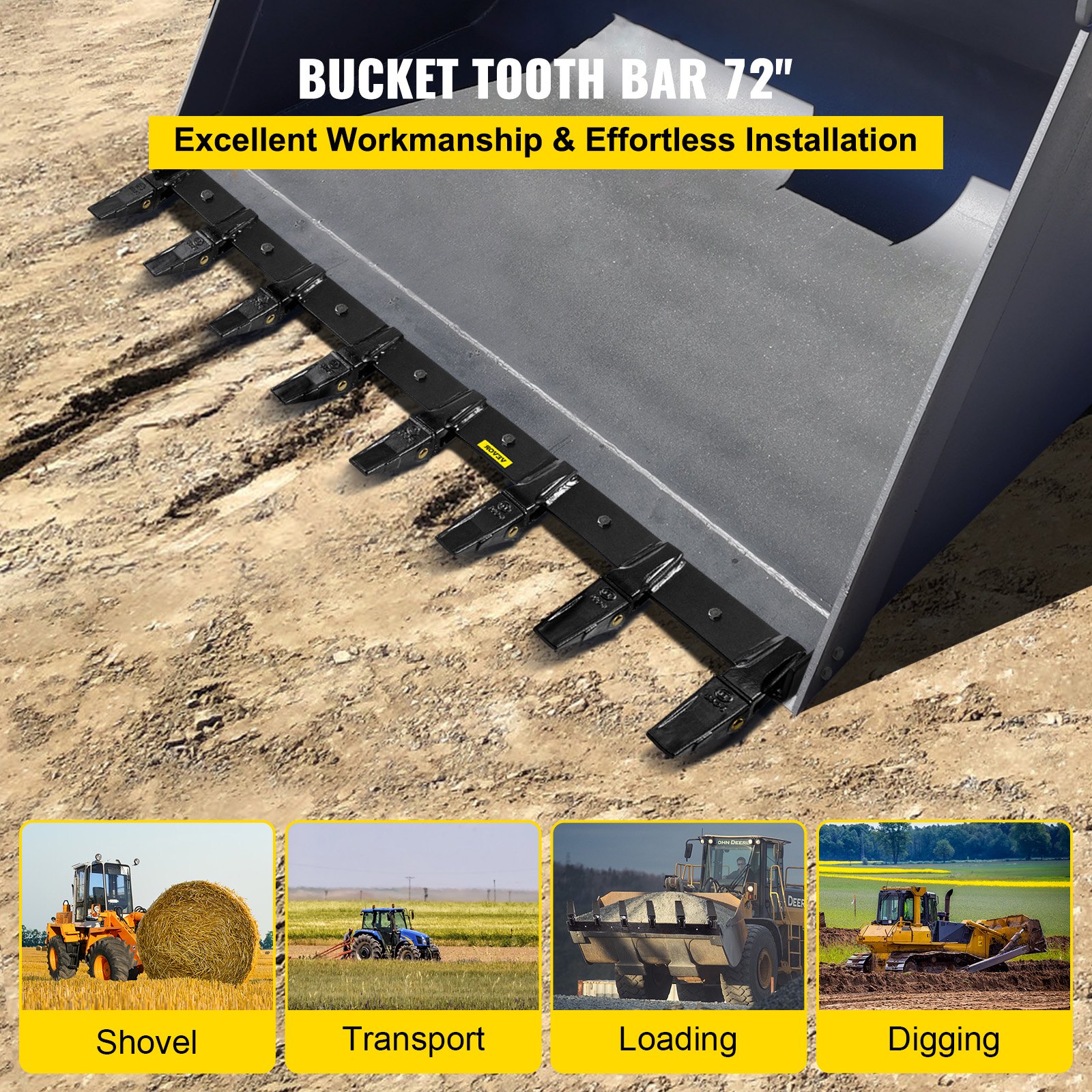 VEVOR Bucket Tooth Bar 72'' Inside Bucket Width Tractor Bucket Teeth 9. ...