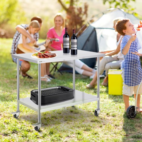 VEVOR Stainless Steel Work Table 30 x 48 x 38 Inch, with 4 Wheels, 3 ...