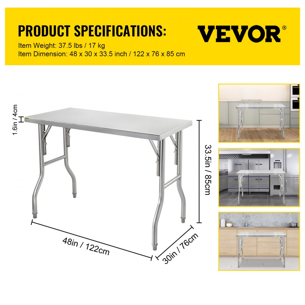 VEVOR 48 x 30 Inch Folding Commercial Prep Table Commercial Worktable Workstation, Heavy-Duty ...