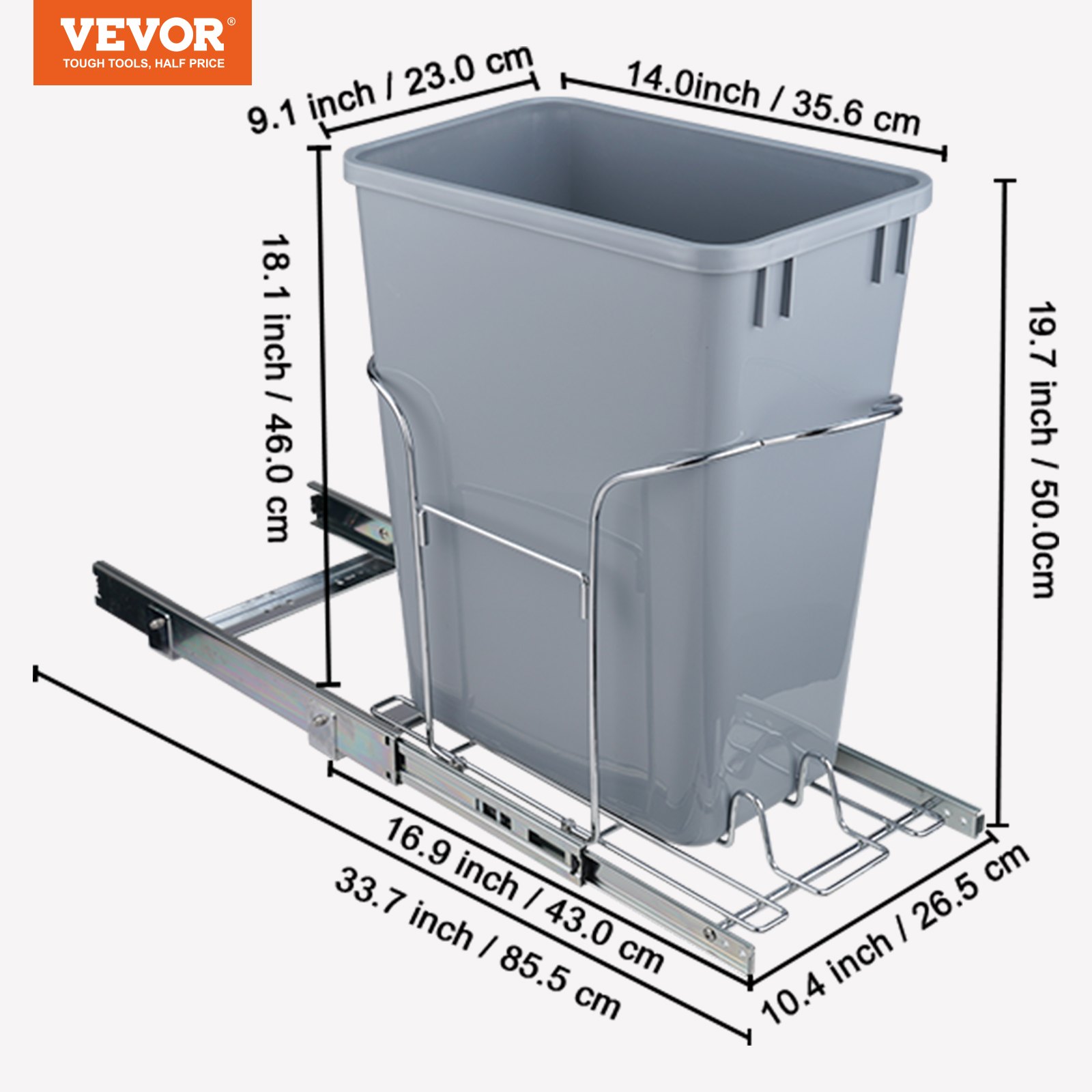 VEVOR Pull-Out Trash Can, 29L Single Bin, Under Mount Kitchen Waste ...