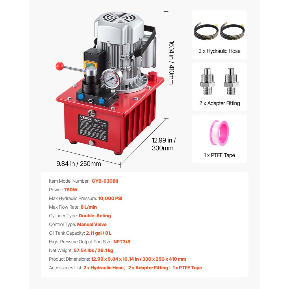 VEVOR Electric Hydraulic Pump, 750W 10,000 PSI, 120V Double Acting ...