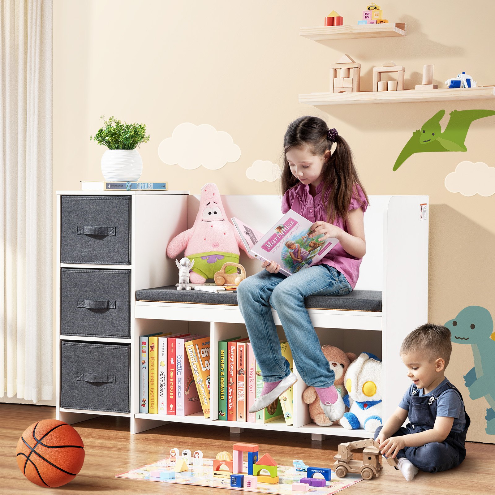 VEVOR Reading Bench with Storage – 6-Cubby, 3-Drawer Kids