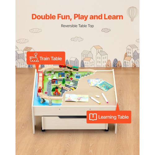 Train Table Train Table 100 Pieces Wooden Kids Activity Table with Rolling Storage ...