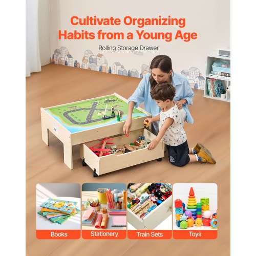 Train Table Train Table 100 Pieces Wooden Kids Activity Table with Rolling Storage ...