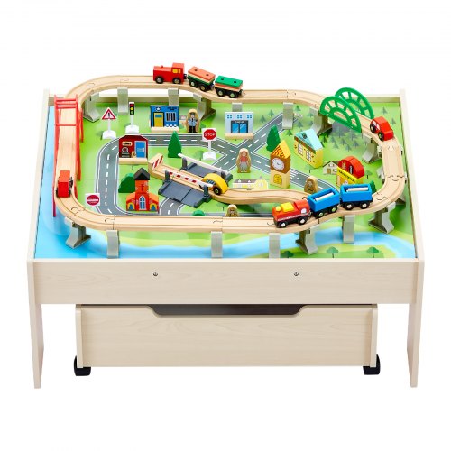 Train Table 100 Pieces Wooden Kids Activity Table with Rolling Storage ...