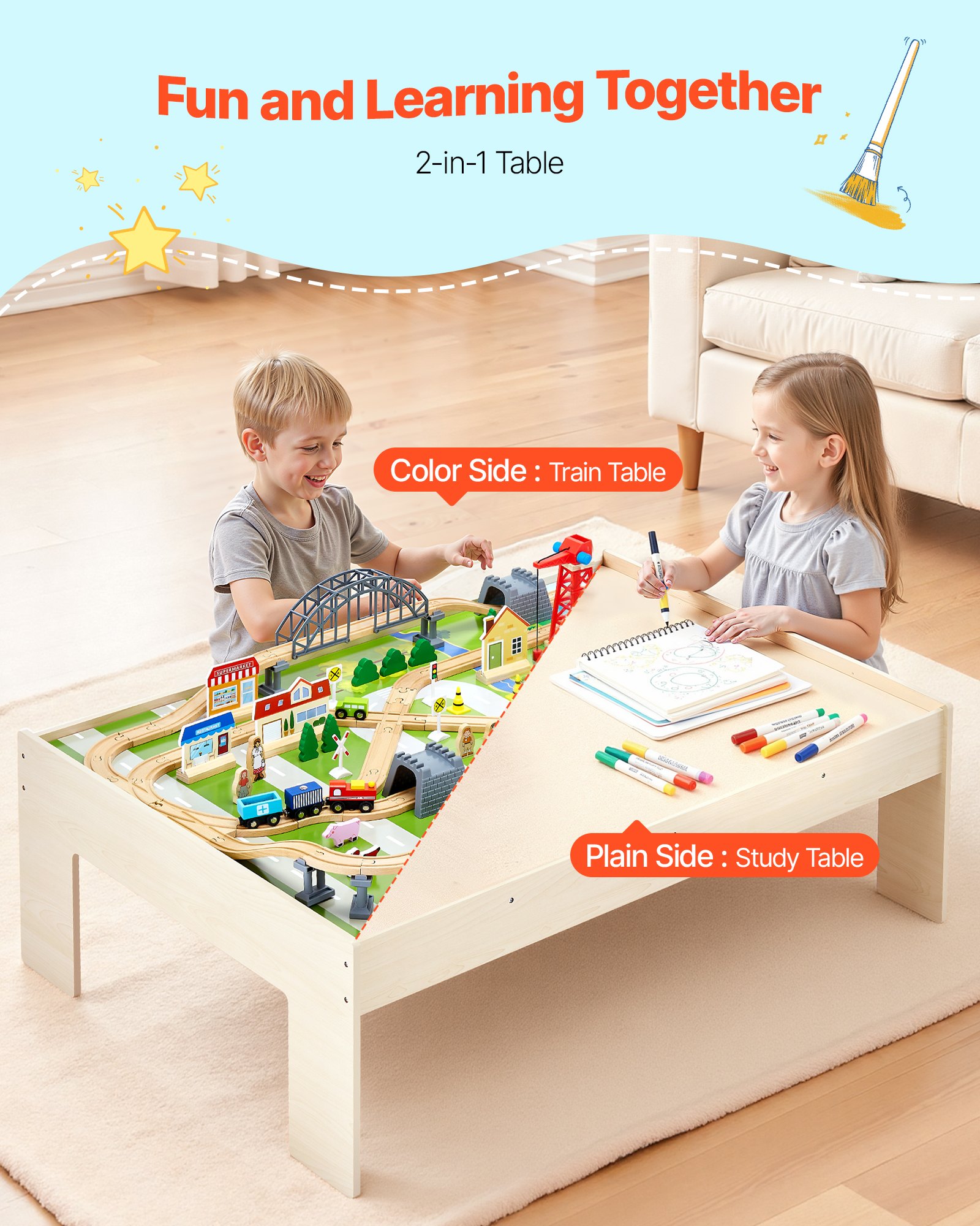 VEVOR Train Activity Table — 3-in-1 Wooden Play Set for Kids