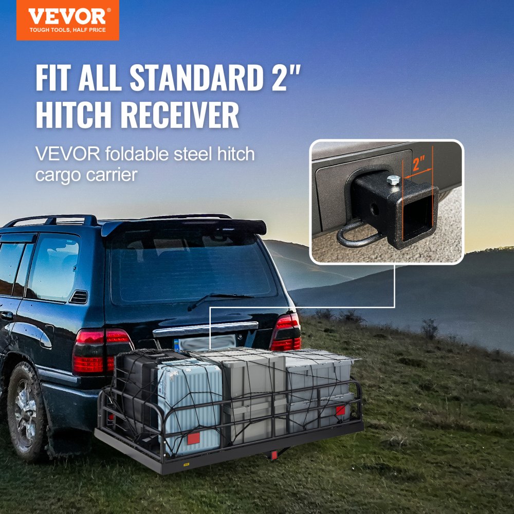 VEVOR Hitch Cargo Carrier 60 x 24 x 14 in Folding Trailer Hitch Mounted Steel Cargo Basket 400lbs Loading Capacity Luggage Carrier Rack with