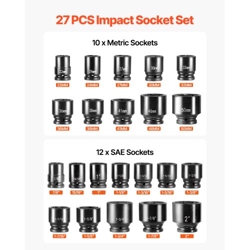 Impact Socket Set 3/4 Inches 27 Piece SAE 7/8 to 2 Inches and Metric 22 ...