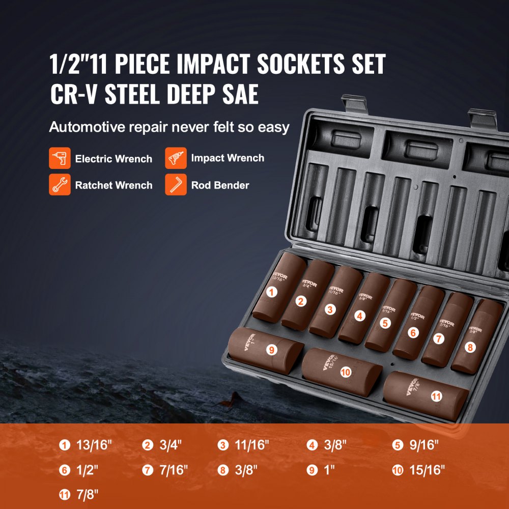 VEVOR 1/2" Drive Impact Socket Set, 11 Piece Deep Socket Set SAE 3/8"-1 ...