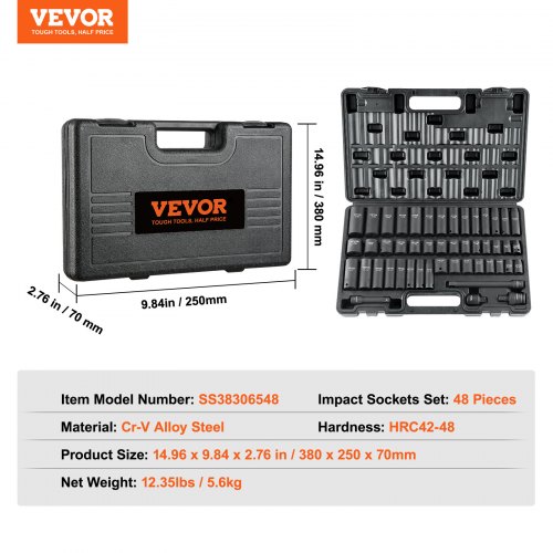 VEVOR 3/8 Impact Deep Socket Set – 48-Piece, 6 Point, Cr-V