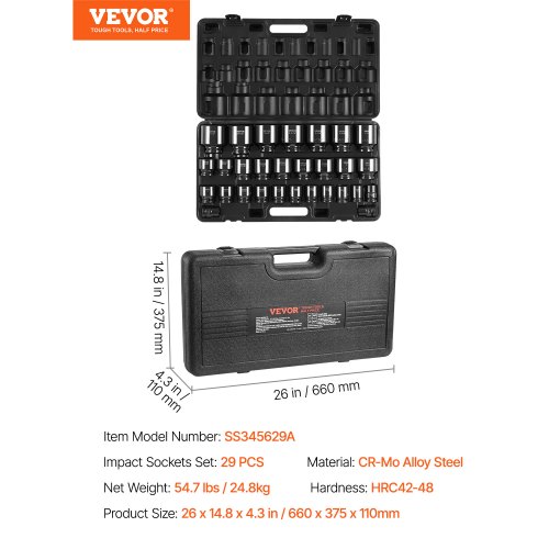 VEVOR 3 4 Drive Impact Socket Set – 29-Piece, 6-Point Socket
