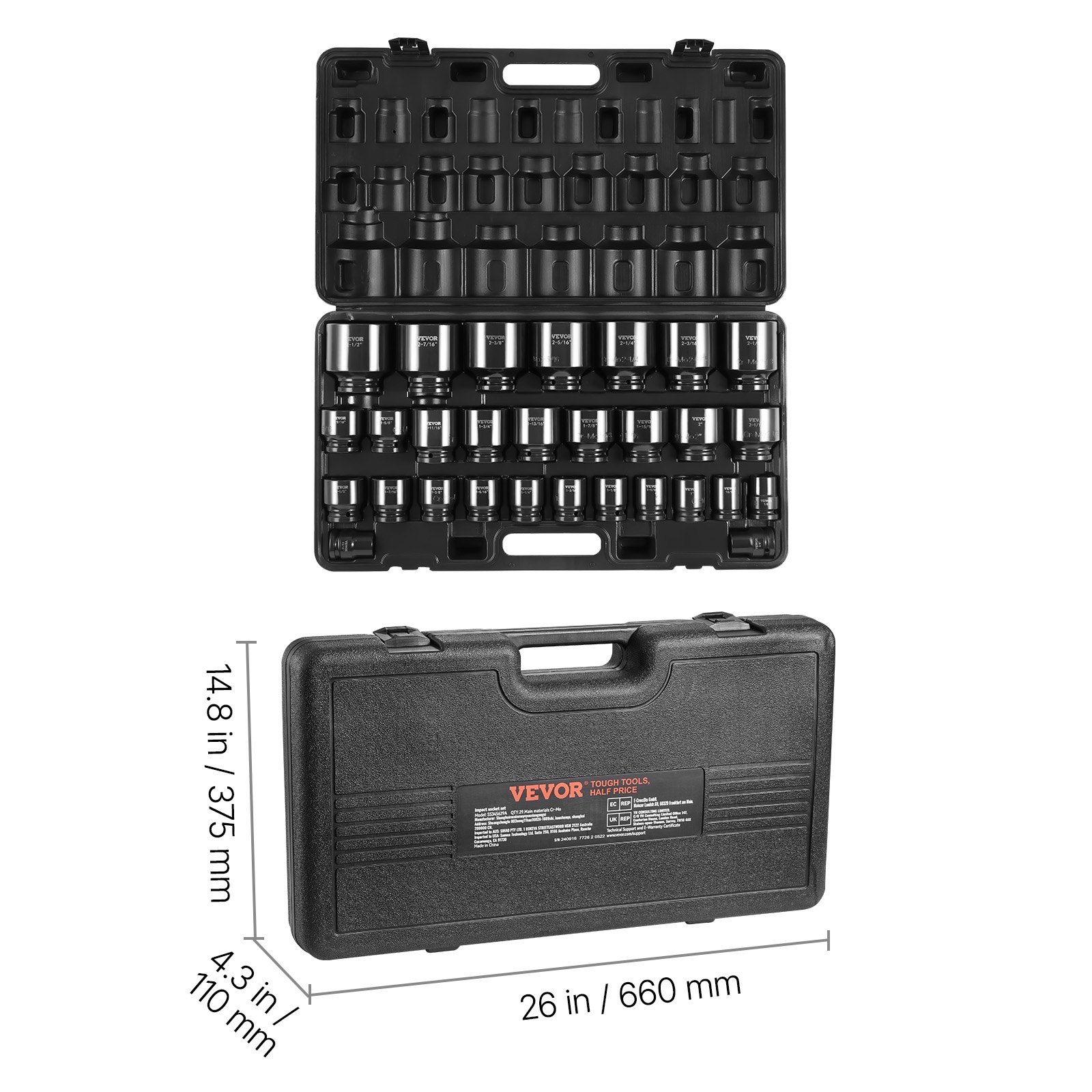 VEVOR 3 4 Drive Impact Socket Set – 29-Piece, 6-Point Socket