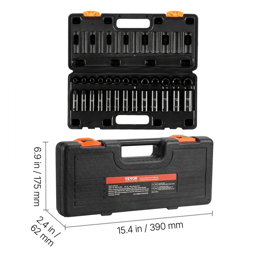 VEVOR Impact Socket Set 3/8 Inches 26 Piece Impact Sockets, Deep ...