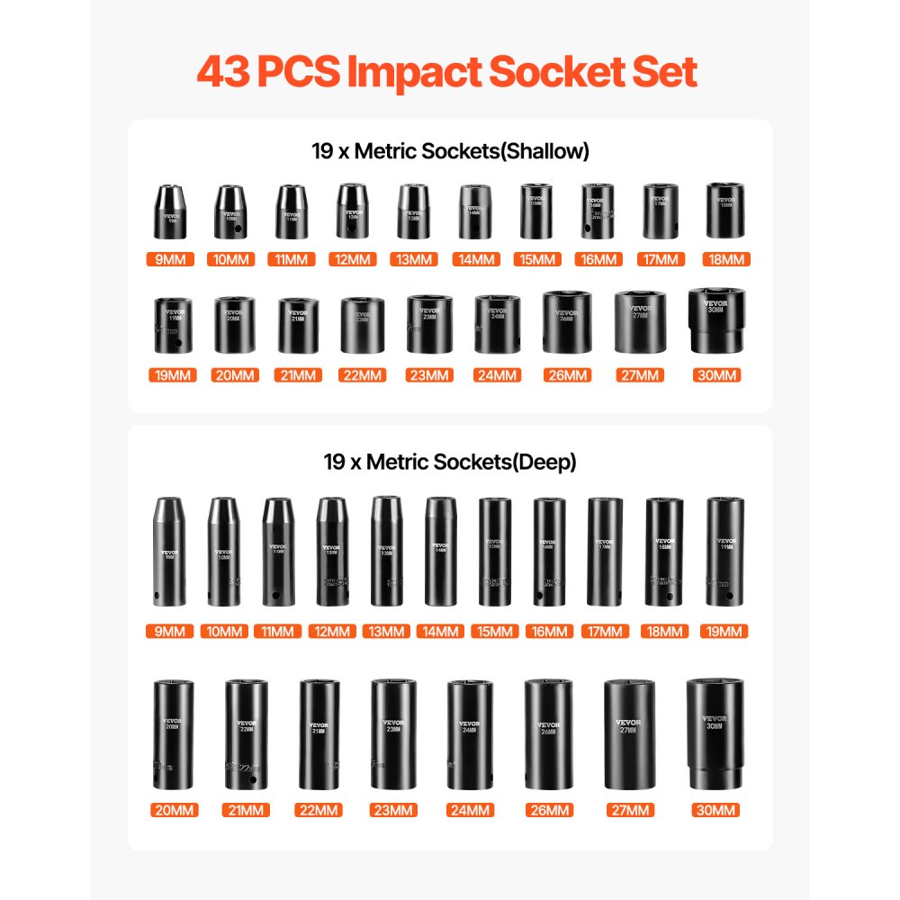 VEVOR Impact Socket Set 1/2 Inches 43 Piece Impact Sockets, Standard ...