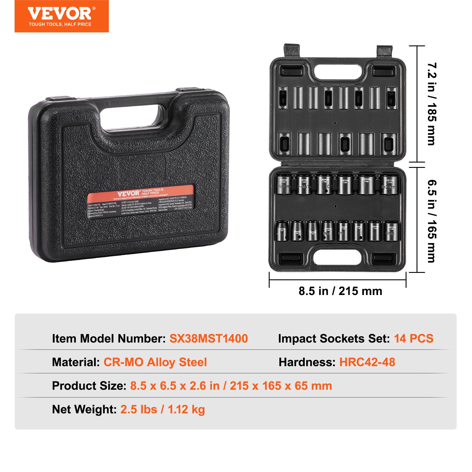 VEVOR Shallow 3/8 Socket Set – 14pcs Metric 7-20mm