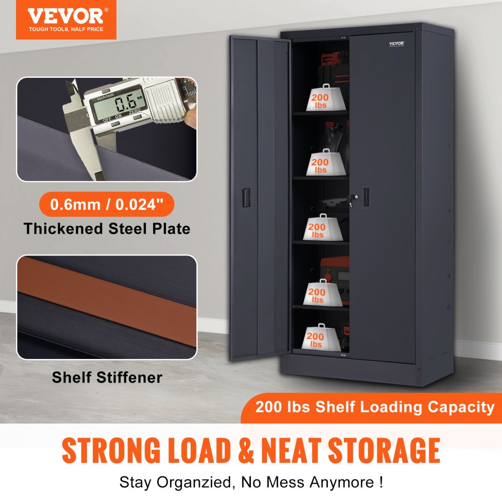 VEVOR Metal Storage Cabinet w/ 4 Adjustable Shelves & Lockable 200lbs ...