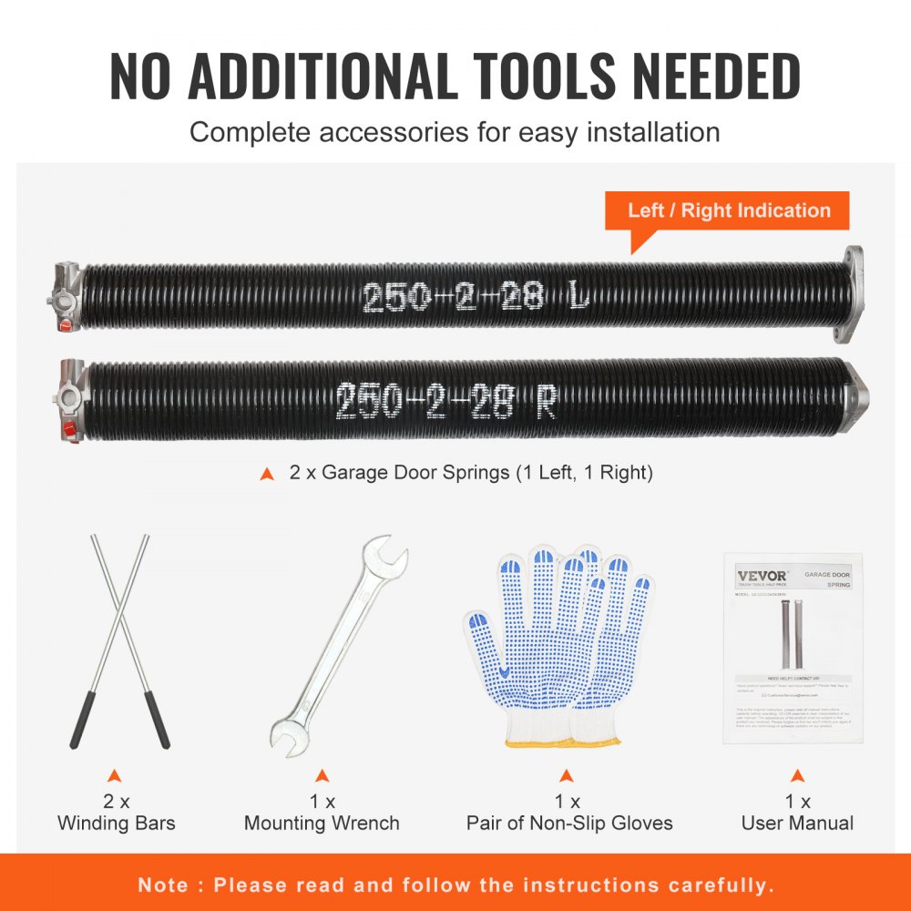 VEVOR Garage Door Torsion Springs – 0.25 X 2 X 29 Inch Pair, 16000 Cycles, Electrophoresis Coated With Winding Bars & Gloves