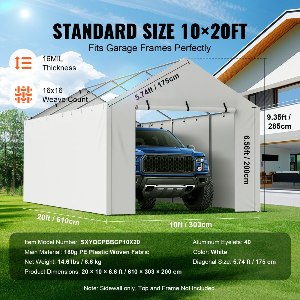 10x20' Full Sidewalls Carport Canopy Replacement  with Zipper Door