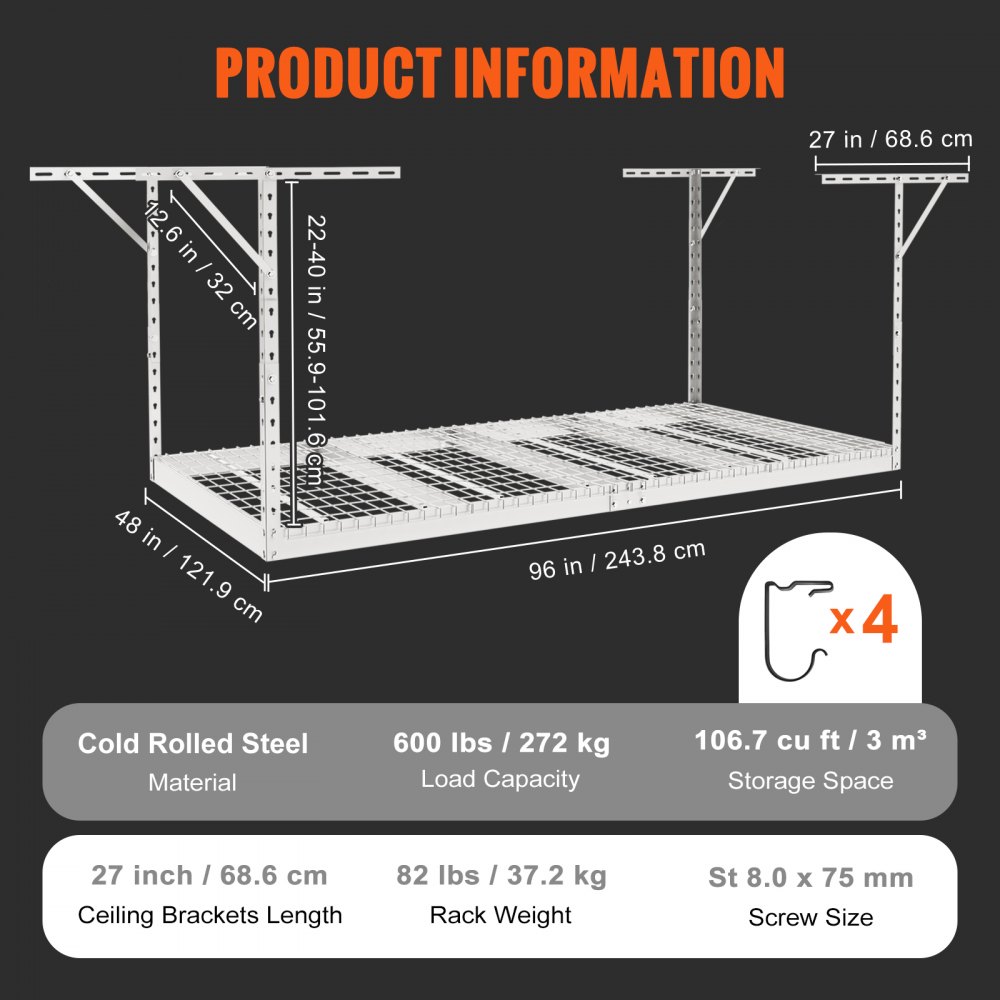 VEVOR Overhead Garage Storage Rack, 48x96 inch Garage Ceiling Storage ...