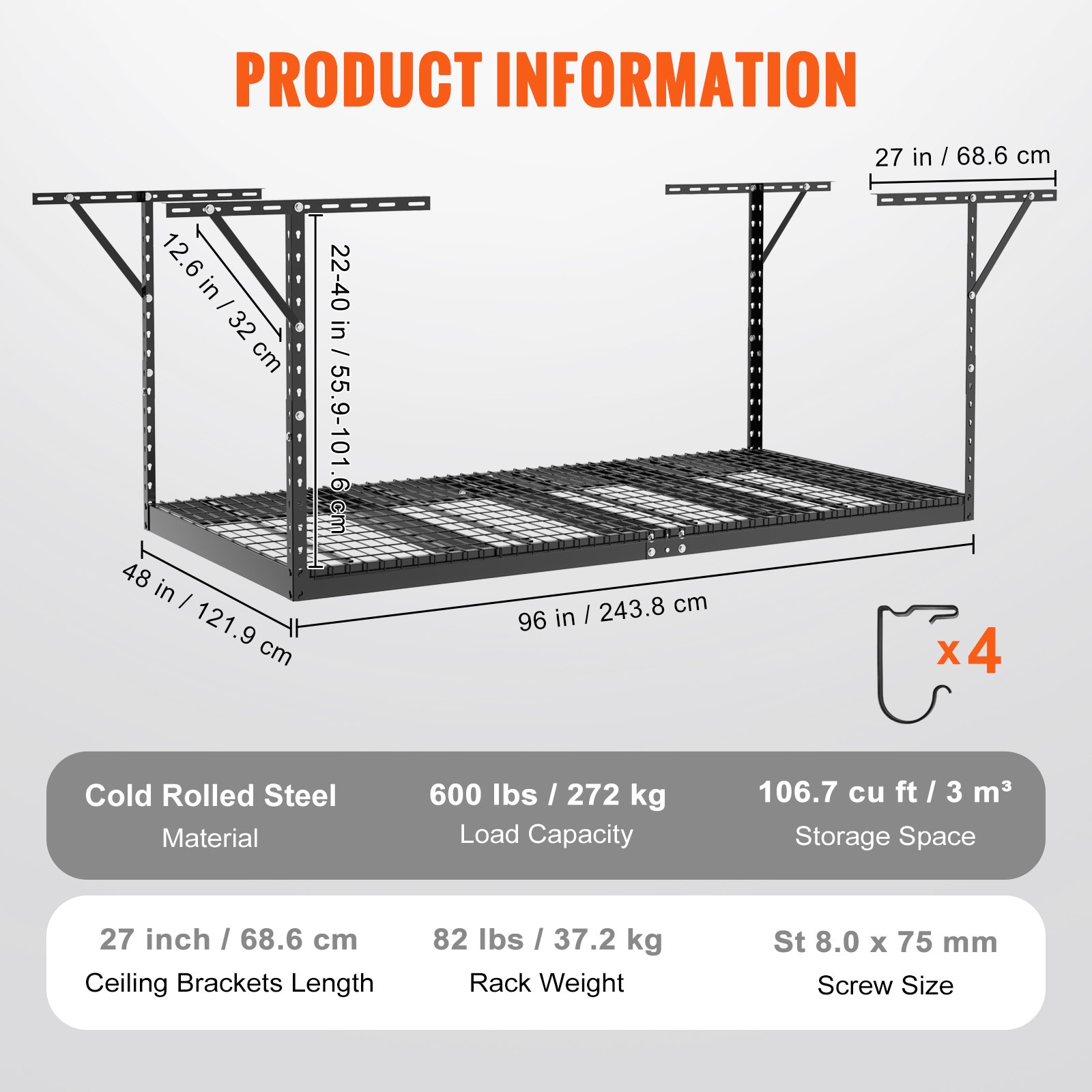 VEVOR Overhead Garage Storage Rack, 121.9 x 243.8 cm Garage Ceiling ...