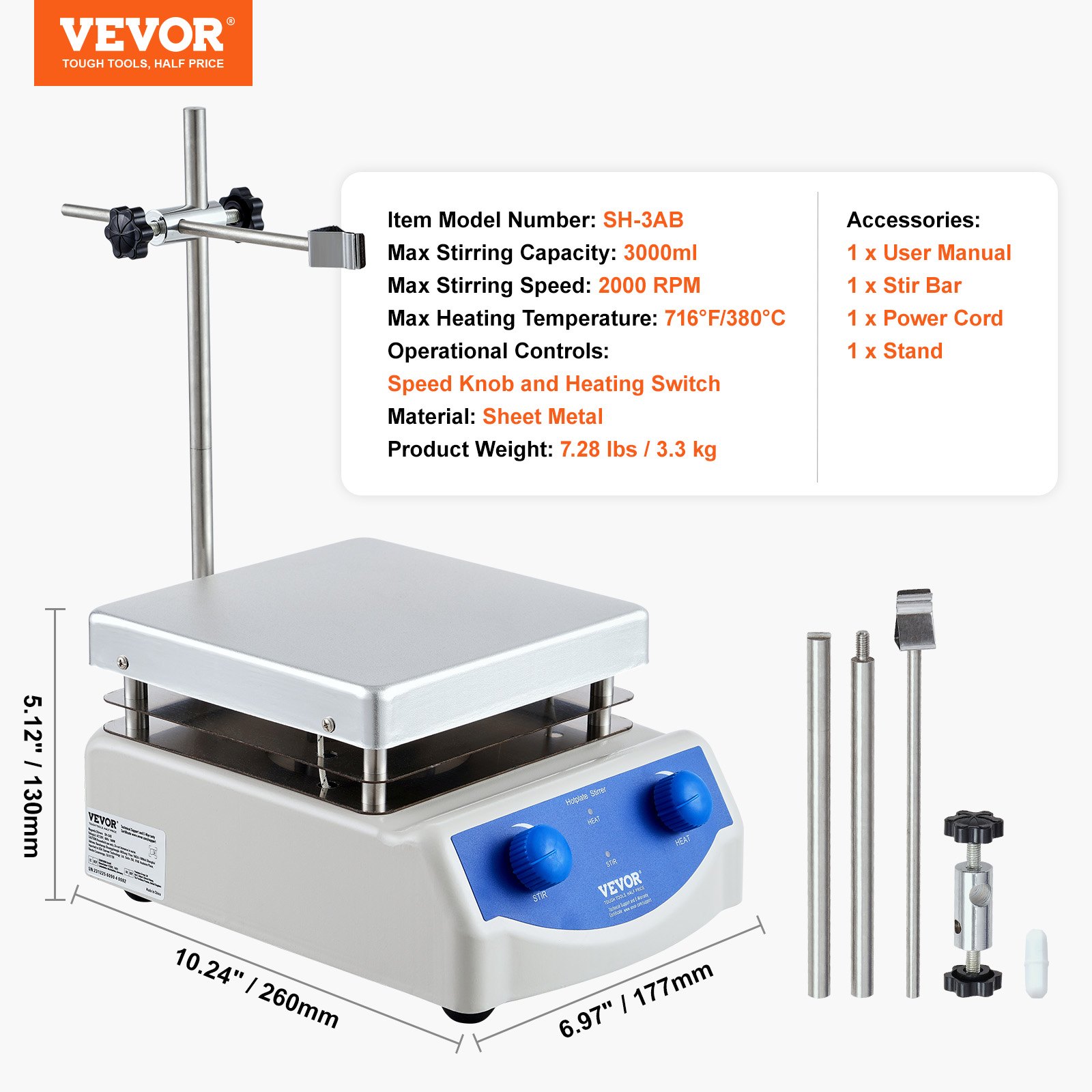 VEVOR Magnetische Roerder Met Verwarming – Max 380°C, 0-2000 Rpm, 3000 Ml Capaciteit, Compleet Set Met Standaard En Roerstaaf, 500W