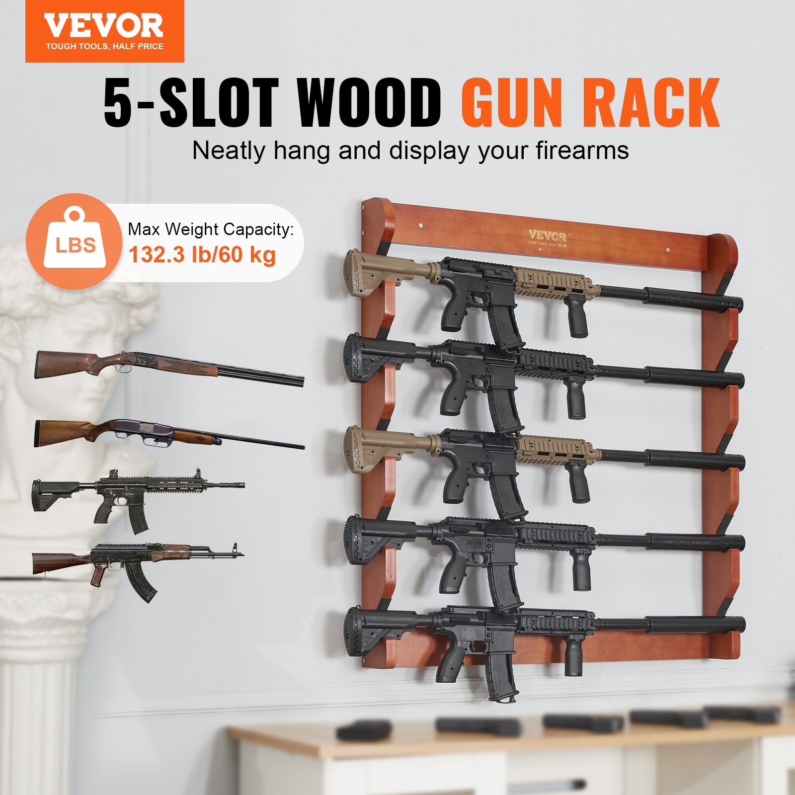 VEVOR Gun Rack, Wood Gun Rack Wall Mount, Gun Display Rack holds 5 ...