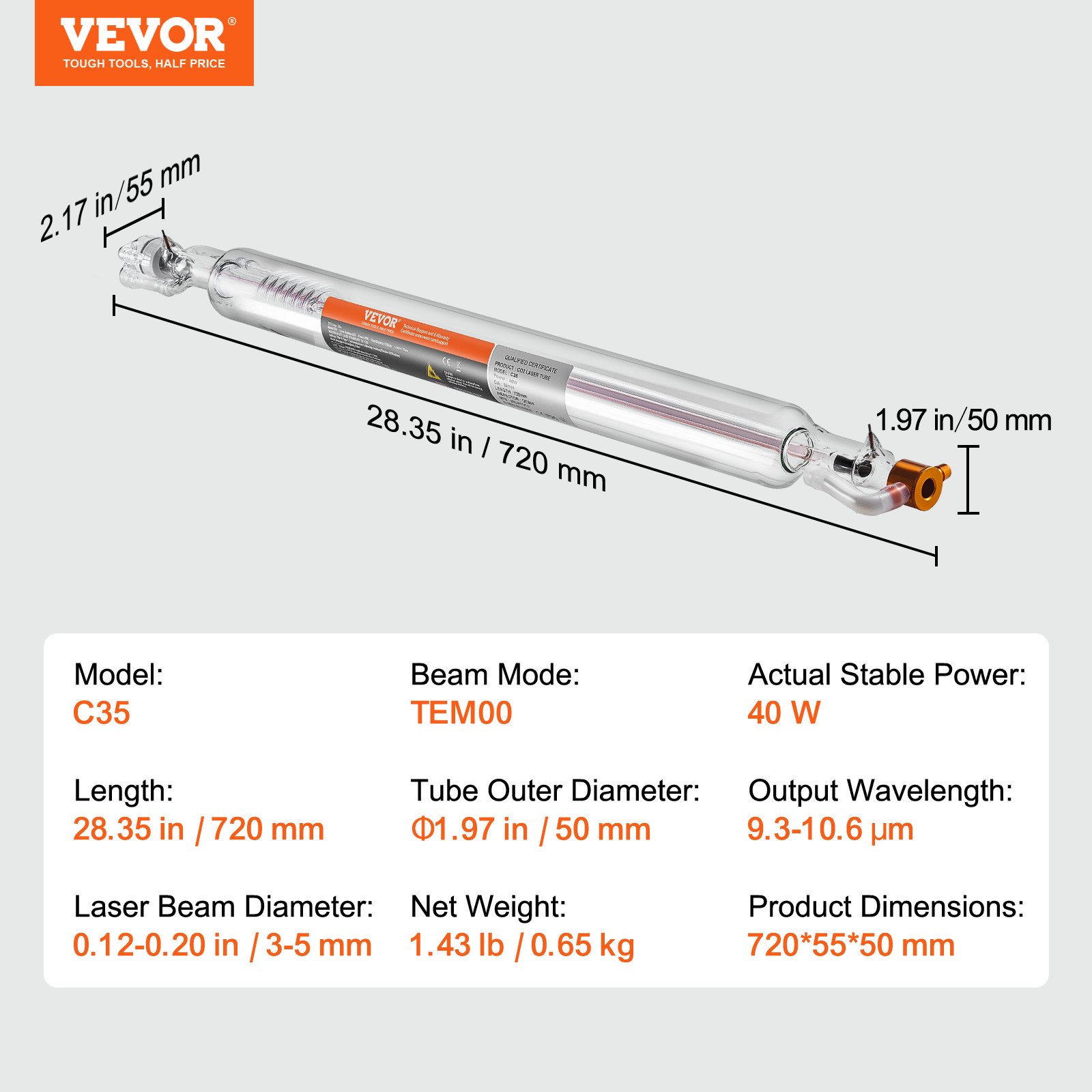 VEVOR Laser Tube, 40W CO2 Laser Tube for Laser Engraver and Cutter ...