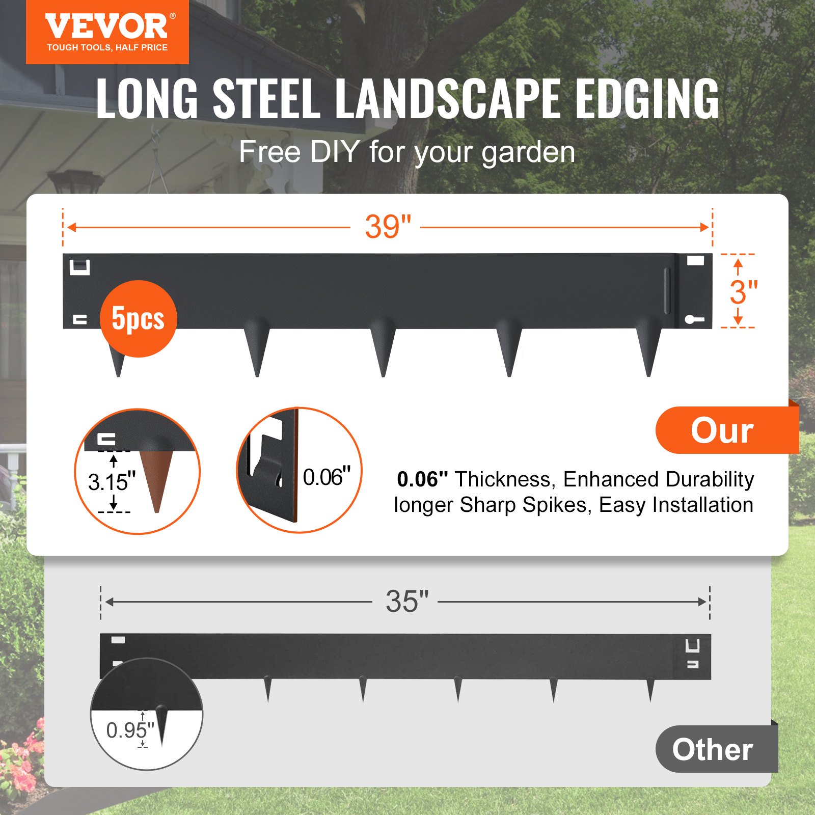 VEVOR Steel Landscape Edging, 5pack Steel Garden Edging Borders, 39" L