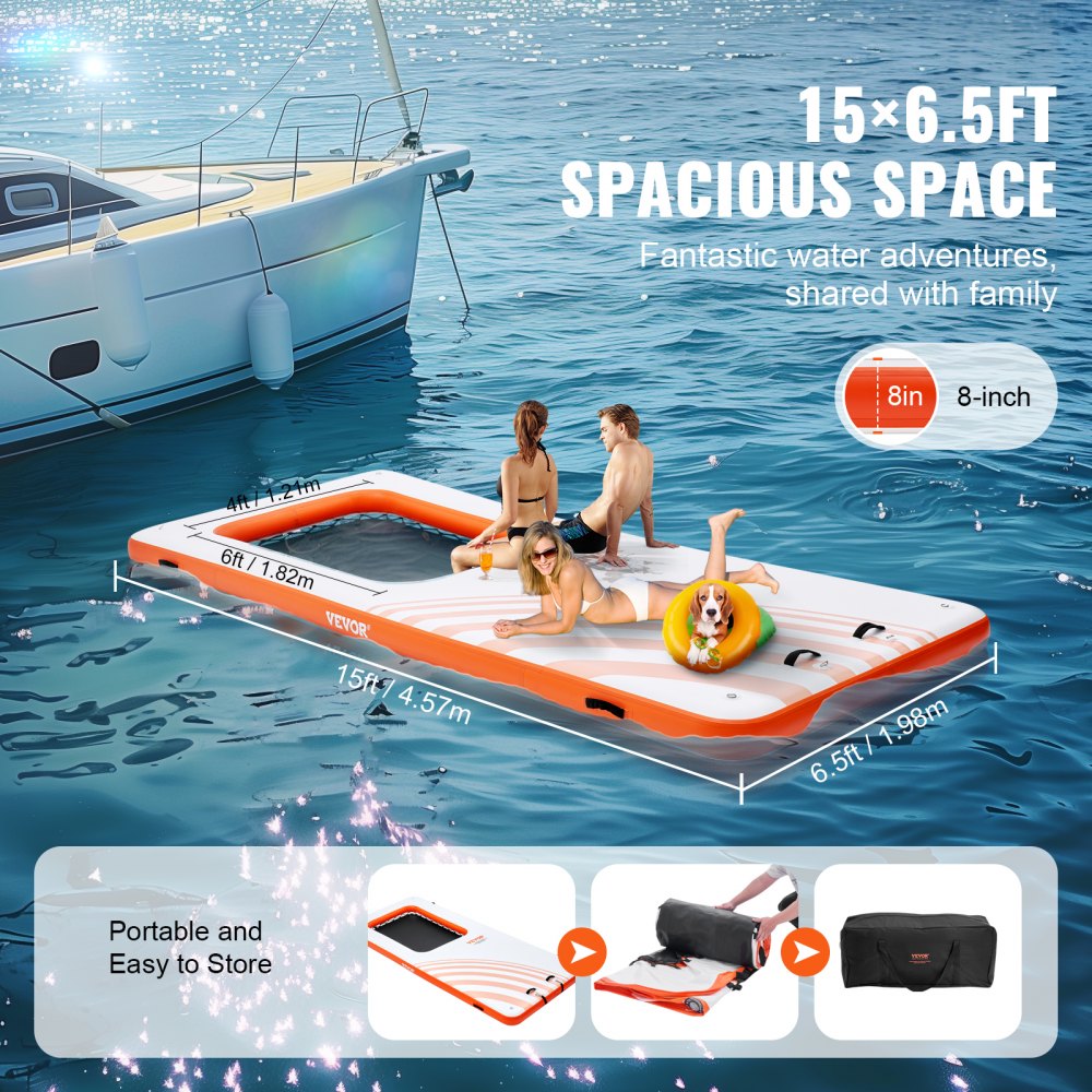 VEVOR Inflatable Floating Dock, 15x6.5FT Inflatable Dock Platform with ...